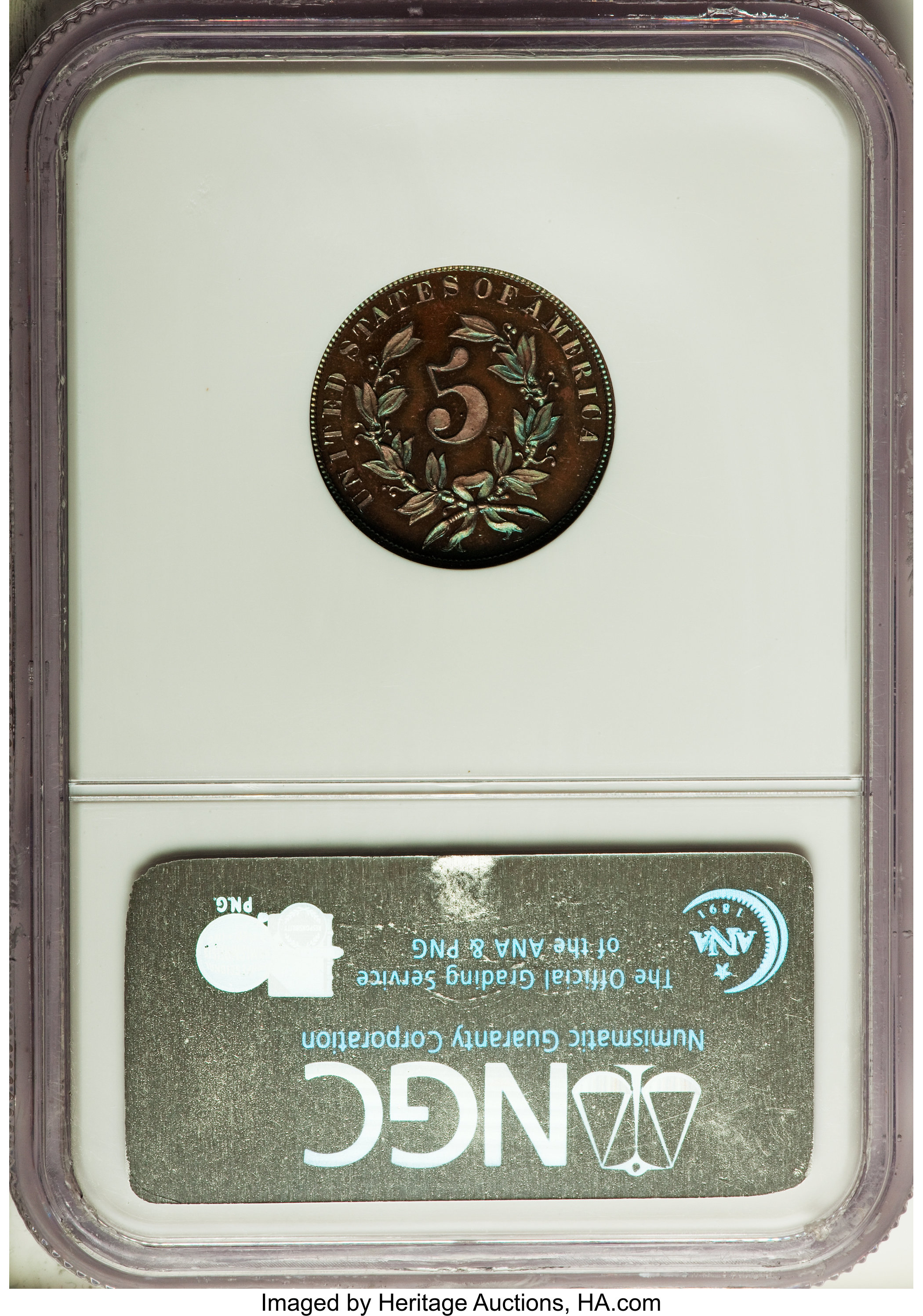 image for: 1866 5C Shield Five Cents, Judd-491, Pollock-578, Low R.7, PR66  ★  Brown Cameo NGC....
