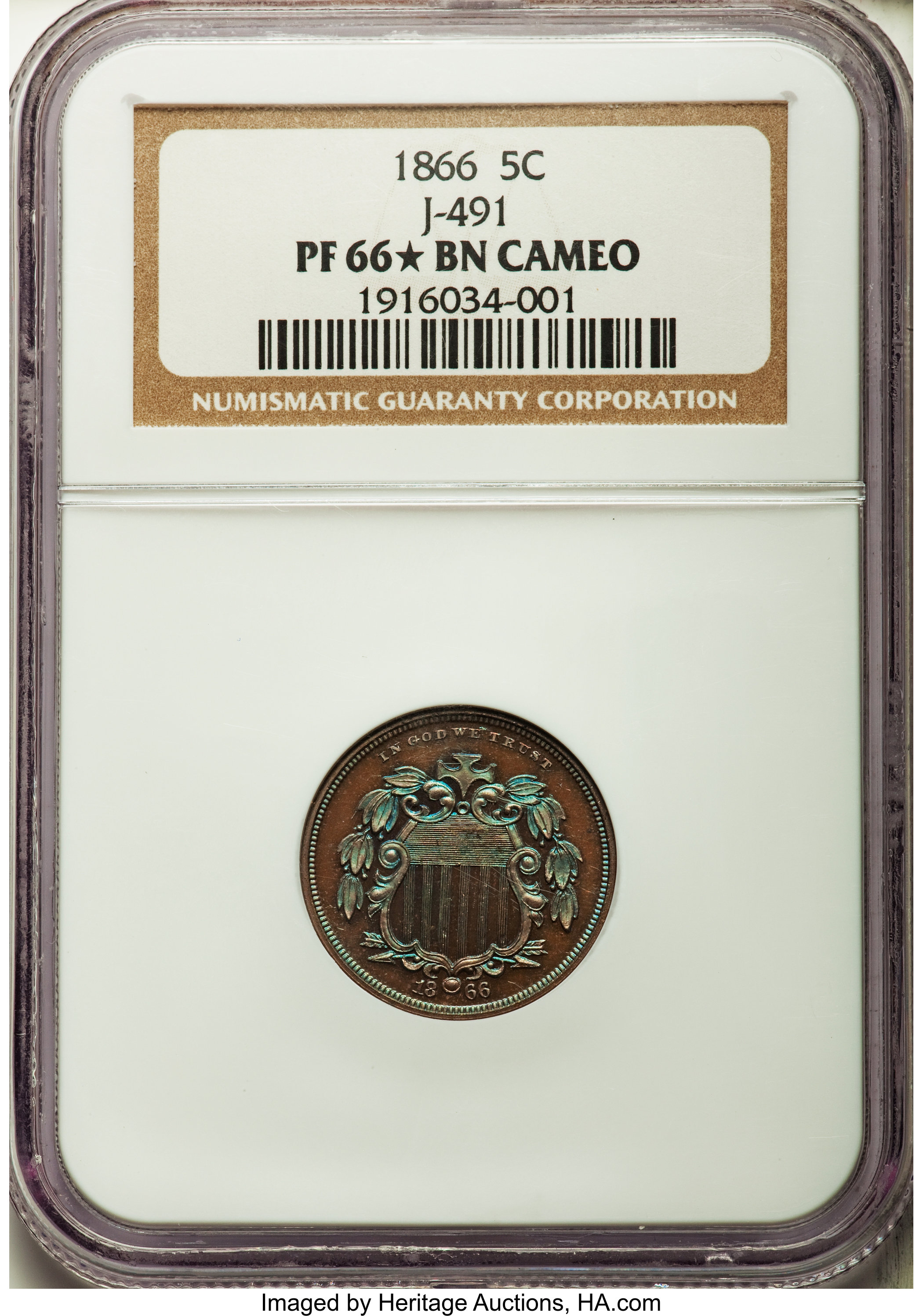 image for: 1866 5C Shield Five Cents, Judd-491, Pollock-578, Low R.7, PR66  ★  Brown Cameo NGC....