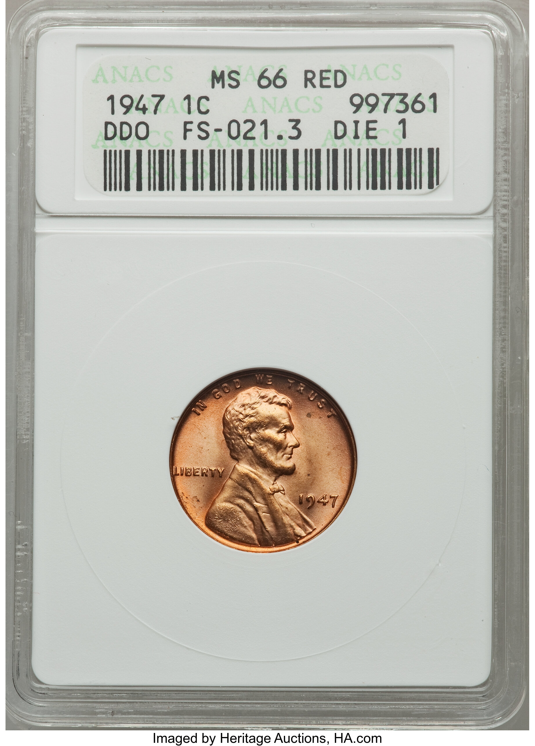 1947 1C Doubled Die Obverse, FS-021.3, Die 1 MS66 Red ANACS. NGC Census: (0/0). PCGS Population (1/0). Mintage: 190,555,008...