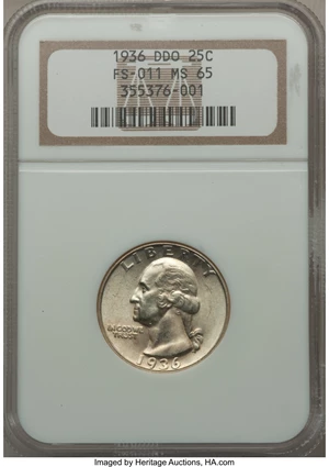 image for: 1936 25C Doubled Die Obverse, FS-101, MS65 NGC....