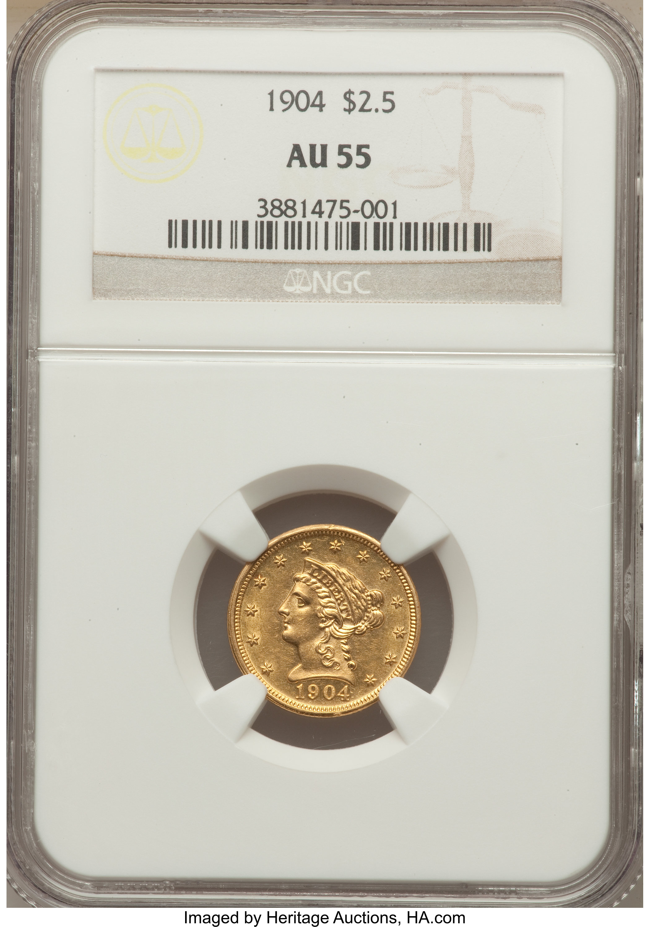 1904 $2 1/2 AU55 NGC. NGC Census: (16/4381). PCGS Population (47/4113). Mintage: 160,700. Numismedia Wsl. Price for problem...