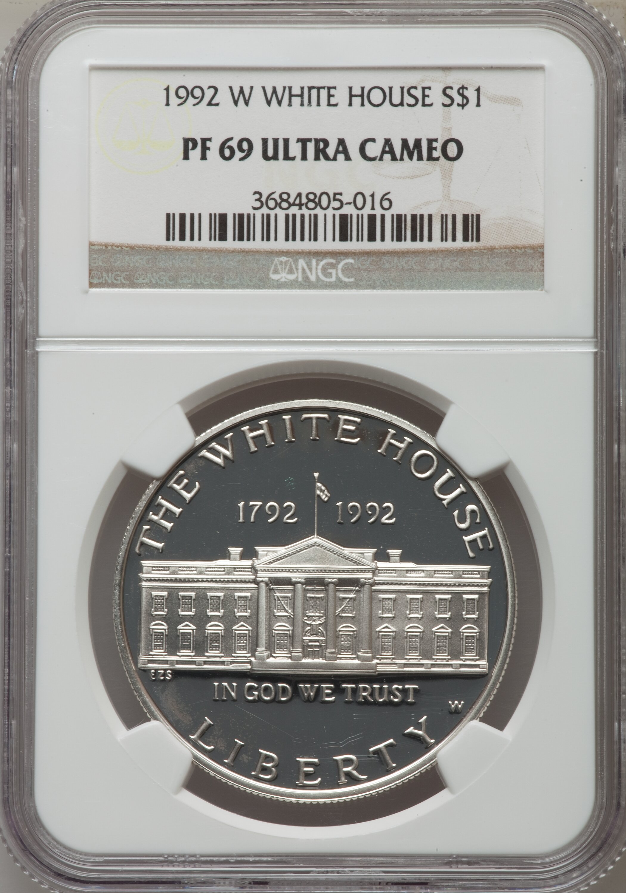 1992-W $1 White House Silver Dollar PR69 Ultra Cameo NGC. NGC Census: (2698/60). PCGS Population (2696/128). Mintage: 375,8...