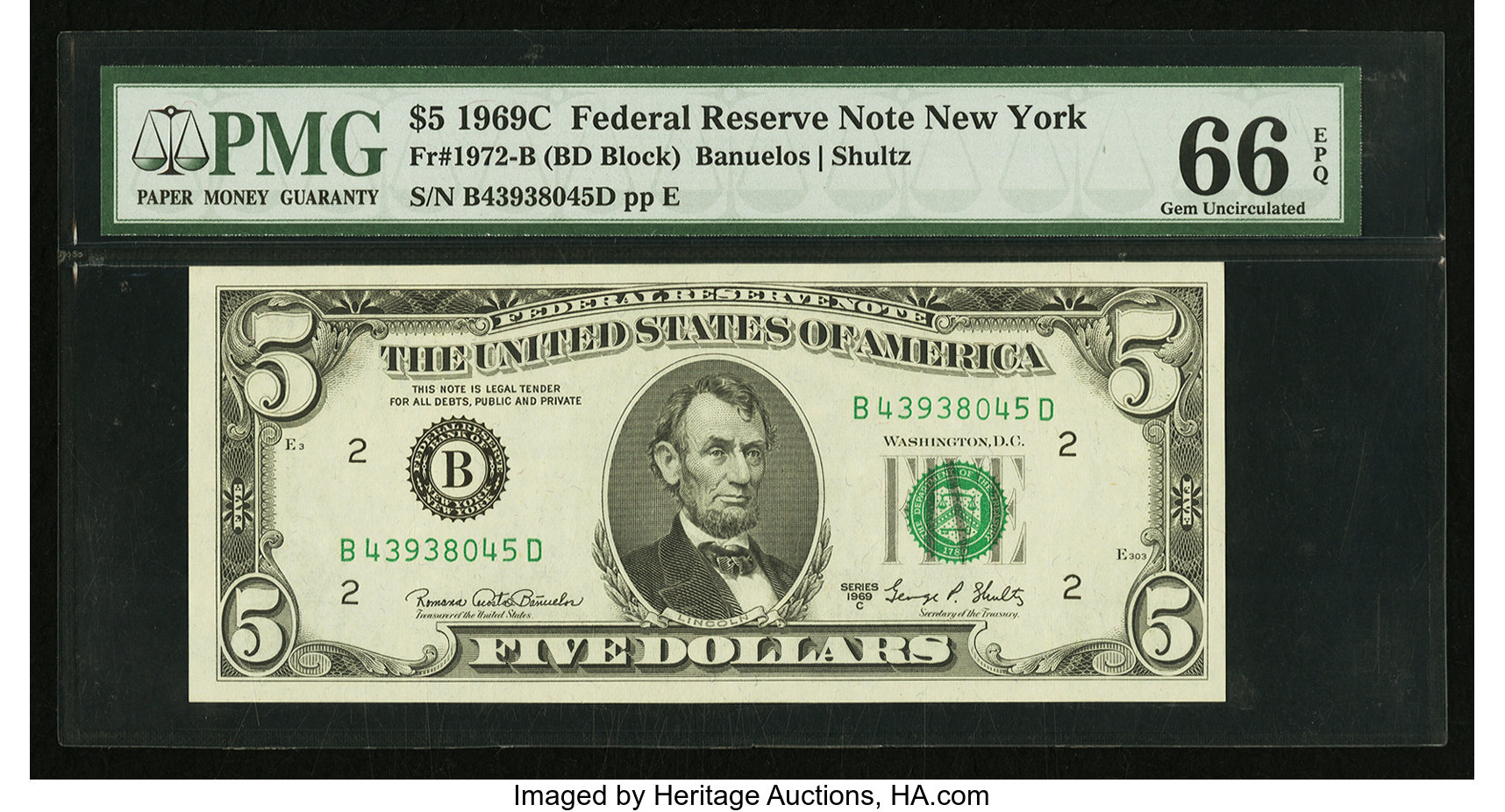 image for: Fr. 1972-B $5 1969C Federal Reserve Note. PMG Gem Uncirculated 66 EPQ....