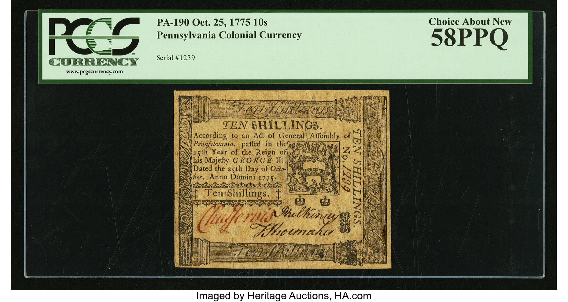 image for: Pennsylvania October 25, 1775 10s PCGS Choice About New 58PPQ....