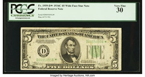 image for: Fr. 1959-D* $5 1934C Wide Federal Reserve Star Note. PCGS Very Fine 30....
