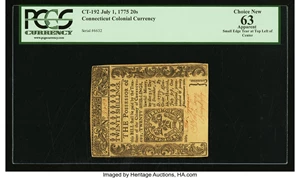 image for: Connecticut July 1, 1775 20s PCGS Apparent Choice New 63....