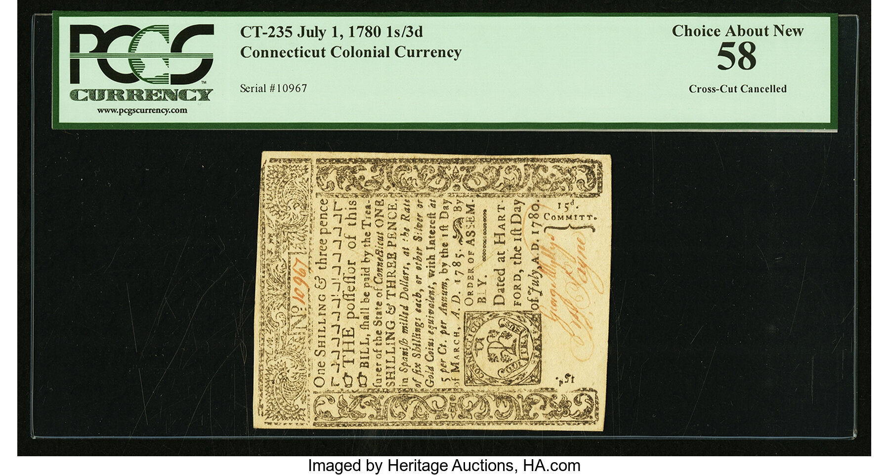 image for: Connecticut July 1, 1780 1s 3d PCGS Choice About New 58....