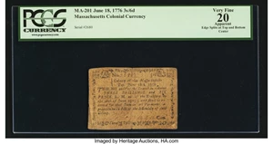 image for: Massachusetts June 18, 1776 3s 6d PCGS Apparent Very Fine 20....