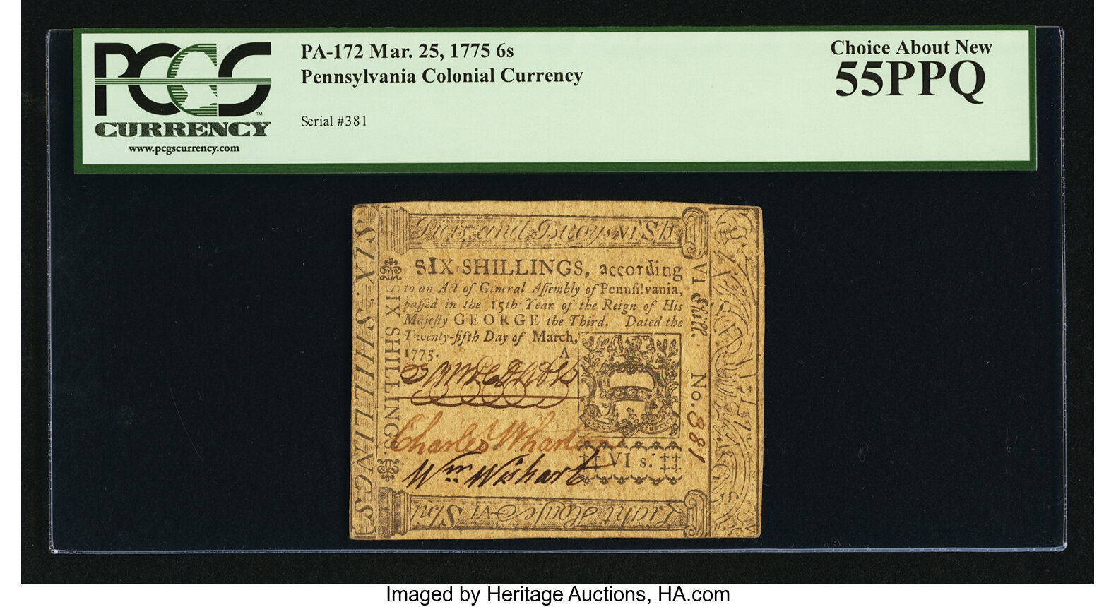 image for: Pennsylvania March 25, 1775 6s PCGS Choice About New 55PPQ....