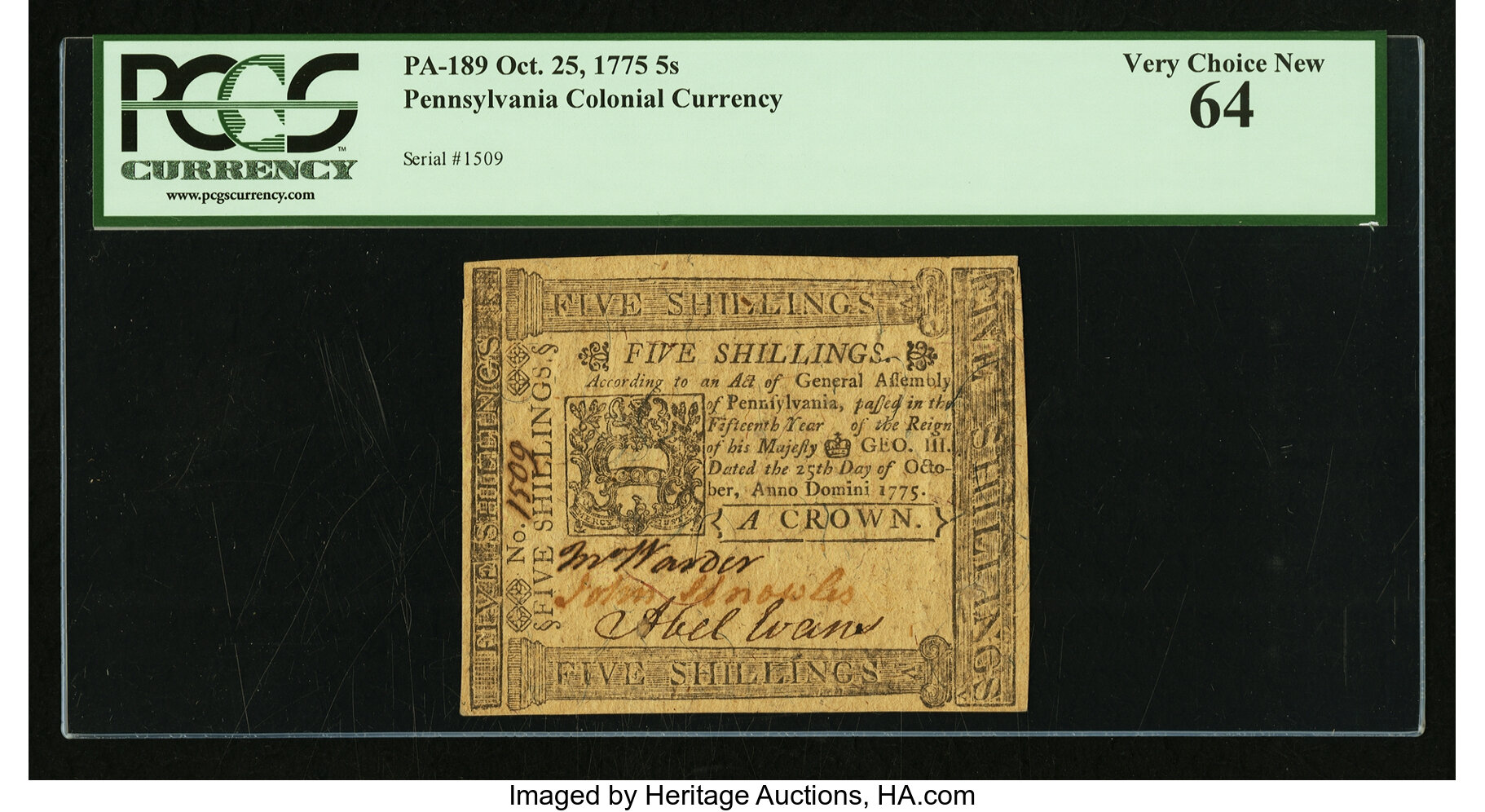 image for: Pennsylvania October 25, 1775 5s PCGS Very Choice New 64....