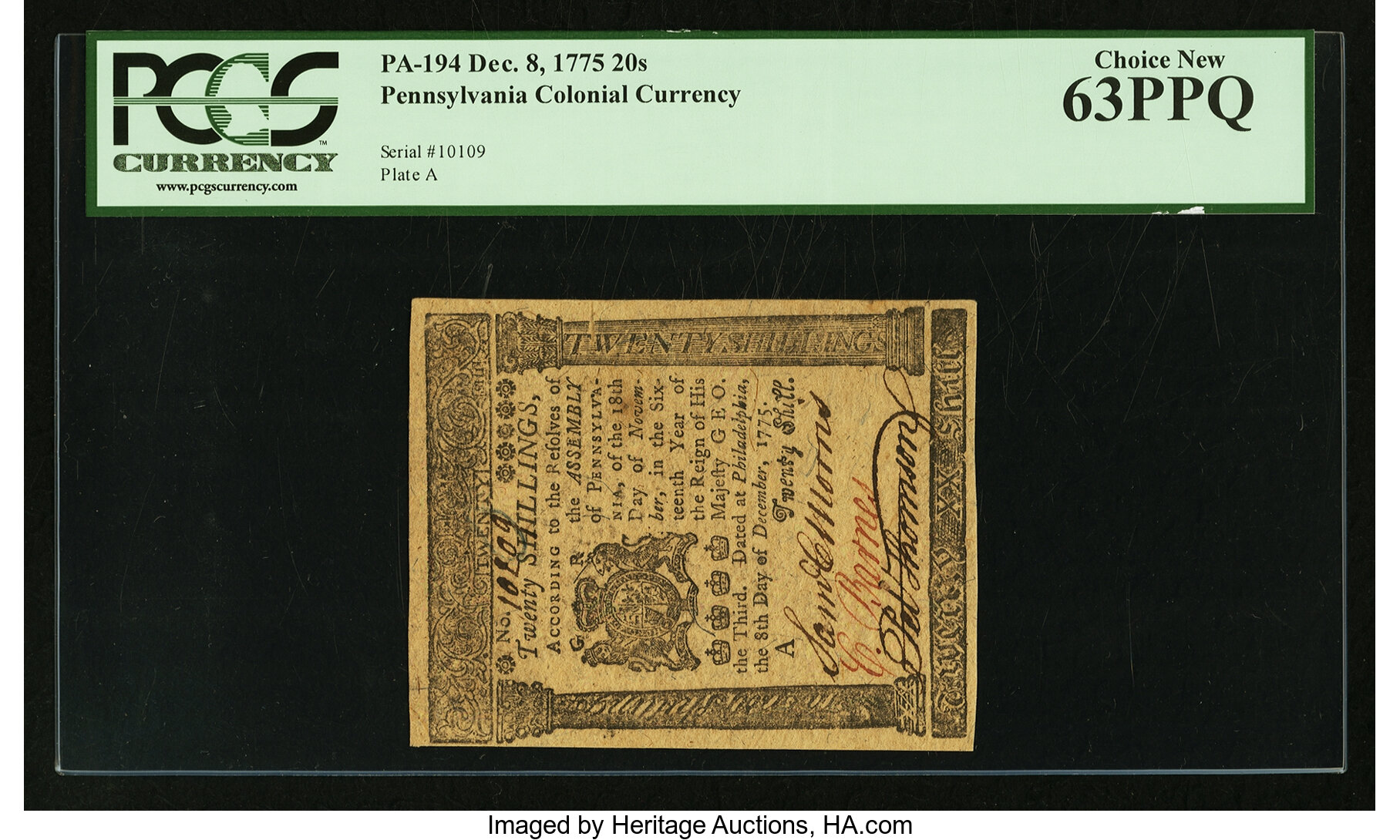 image for: Pennsylvania December 8, 1775 20s PCGS Choice New 63PPQ....
