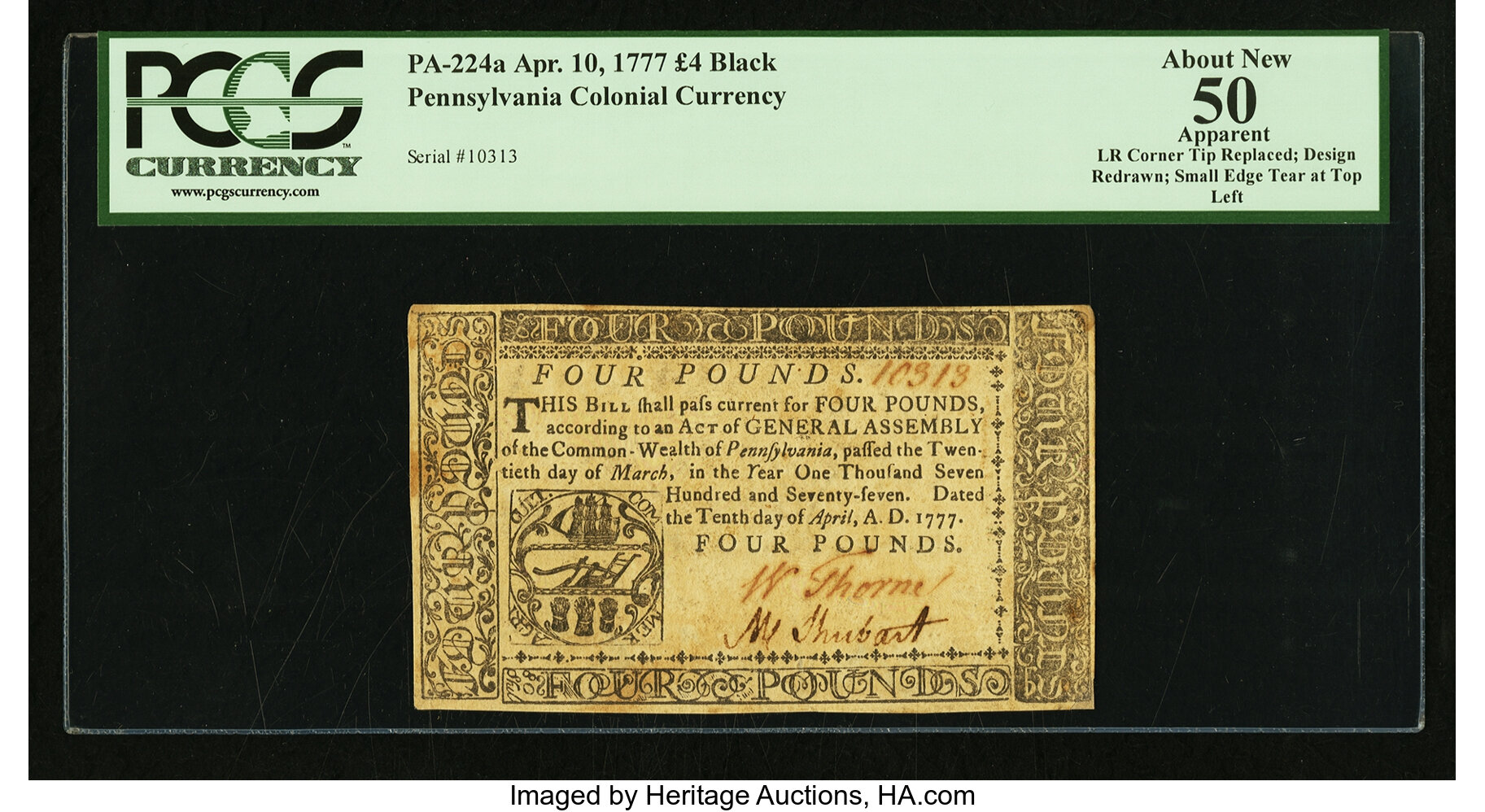 image for: Pennsylvania April 10, 1777 £4 PCGS Apparent About New 50....