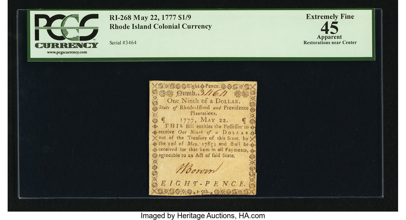 image for: Rhode Island May 22, 1777 $1/9 PCGS Apparent Extremely Fine 45....