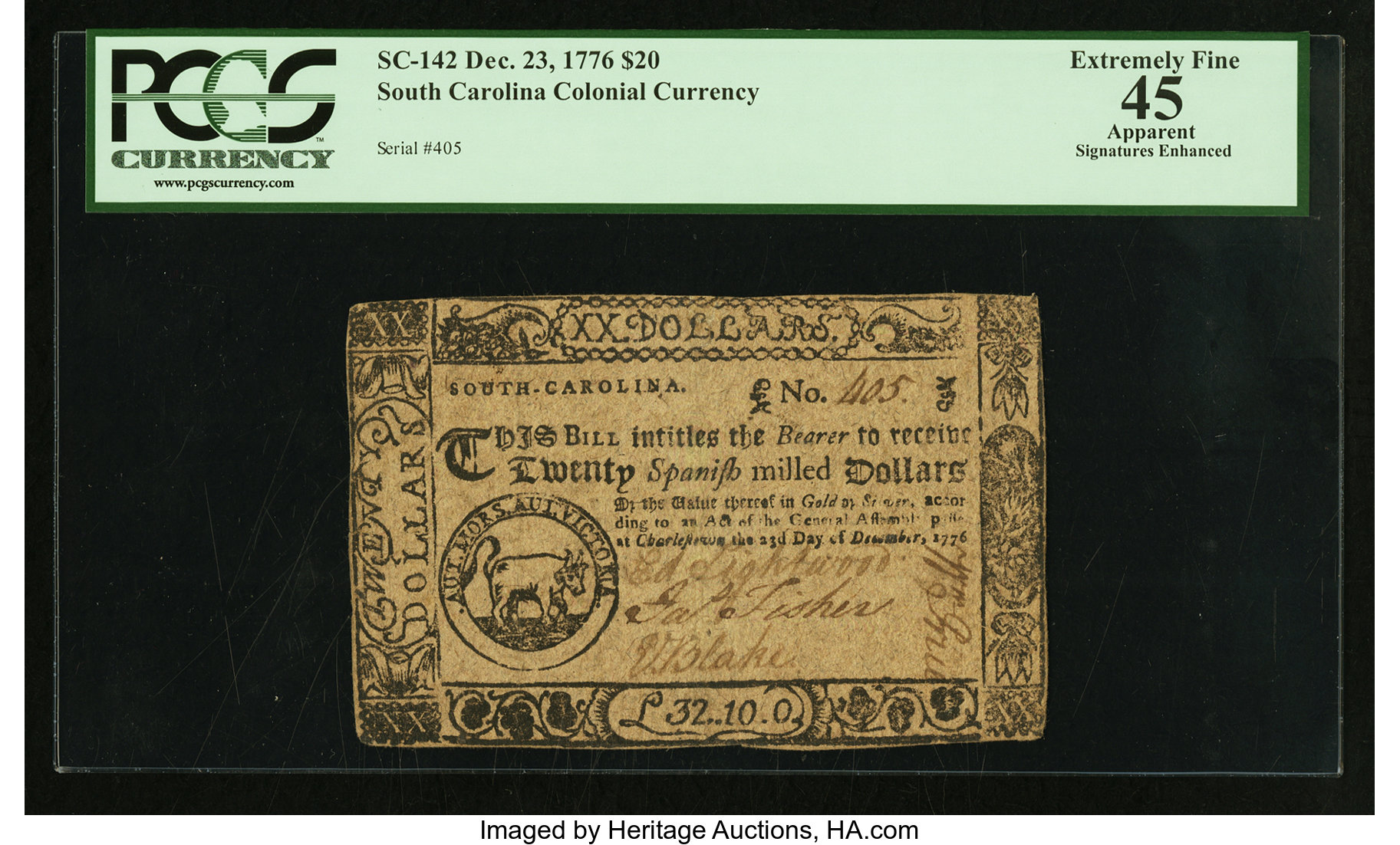 image for: South Carolina December 23, 1776 $20 PCGS Apparent Extremely Fine 45....