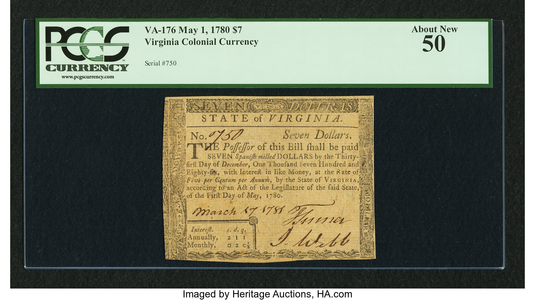 image for: Virginia May 1, 1780 $7 PCGS About New 50....