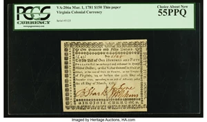 image for: Virginia March 1, 1781 $150 printed on thin laid paper PCGS Choice About New 55PPQ....