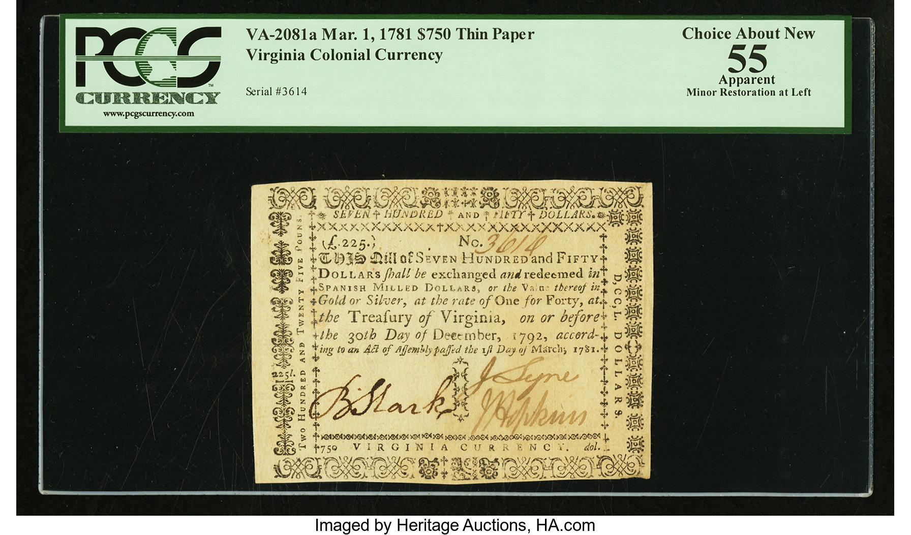 image for: Virginia March 1, 1781 $750 printed on thin laid paper PCGS Apparent Choice About New 55....