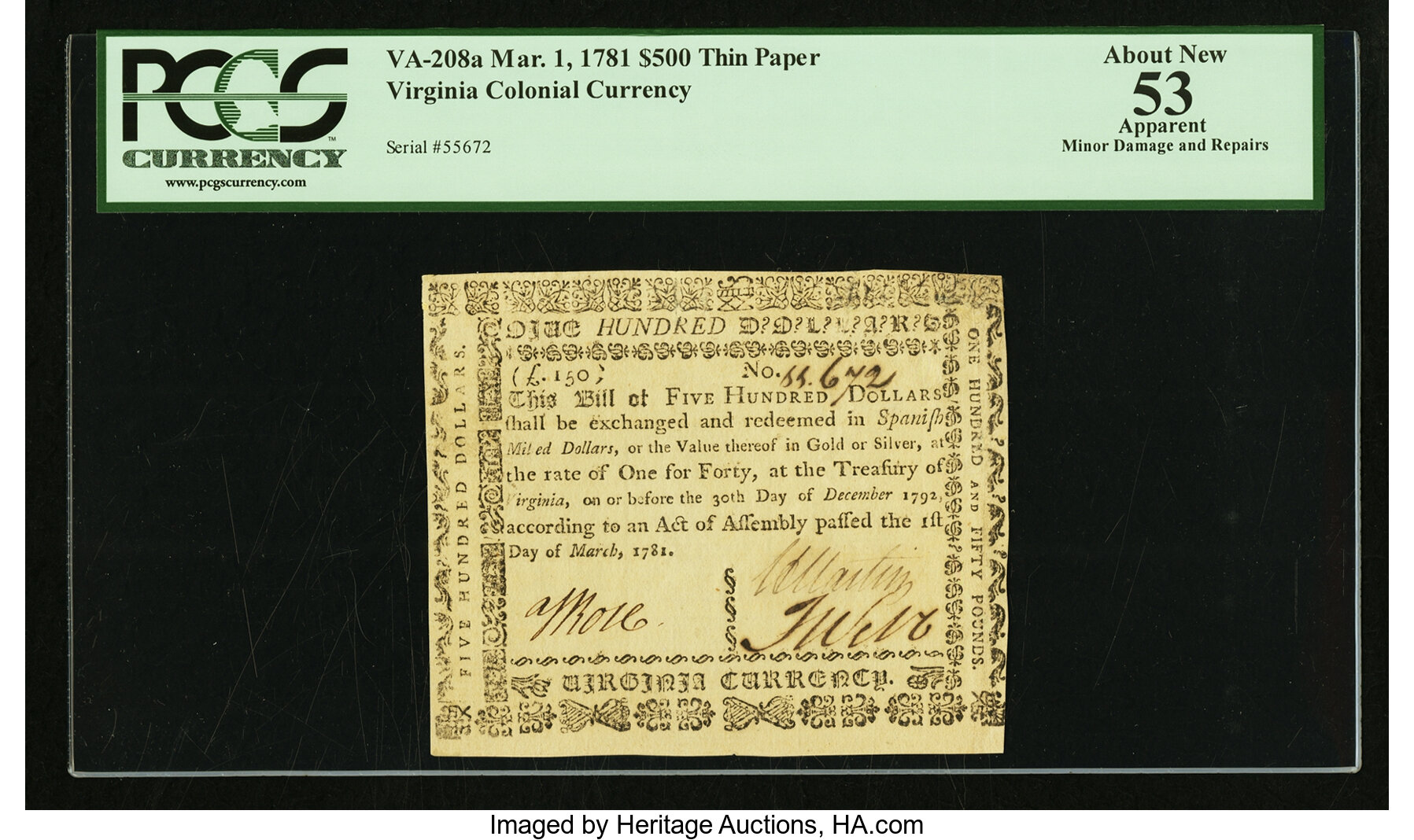image for: Virginia March 1, 1781 $500 printed on thin laid paper PCGS Apparent About New 53....