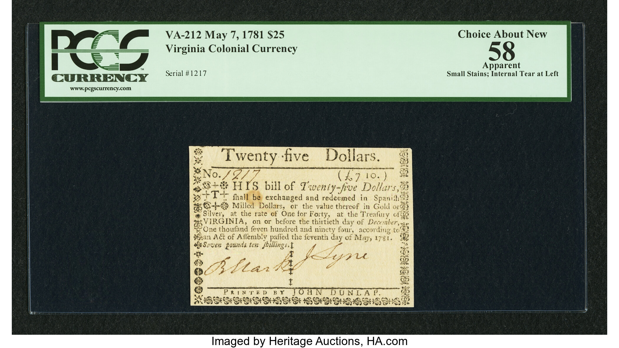 image for: Virginia May 7, 1781 $25 PCGS Apparent Choice About New 58....