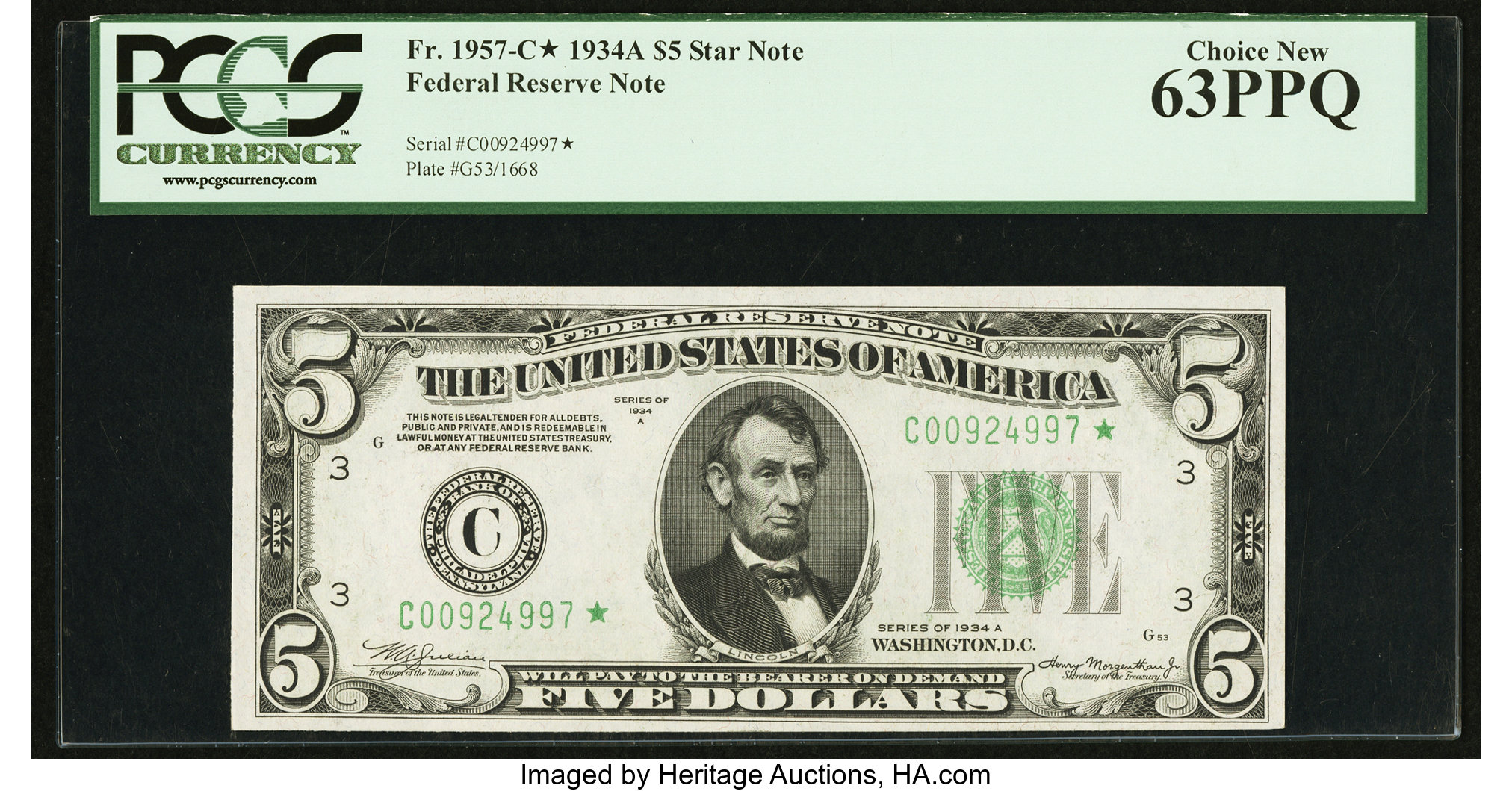 image for: Fr. 1957-C* $5 1934A Federal Reserve Note. PCGS Choice New 63PPQ....
