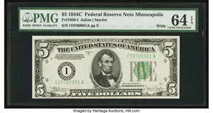 image for: Fr. 1959-I $5 1934C Wide Federal Reserve Note. PMG Choice Uncirculated 64 EPQ....