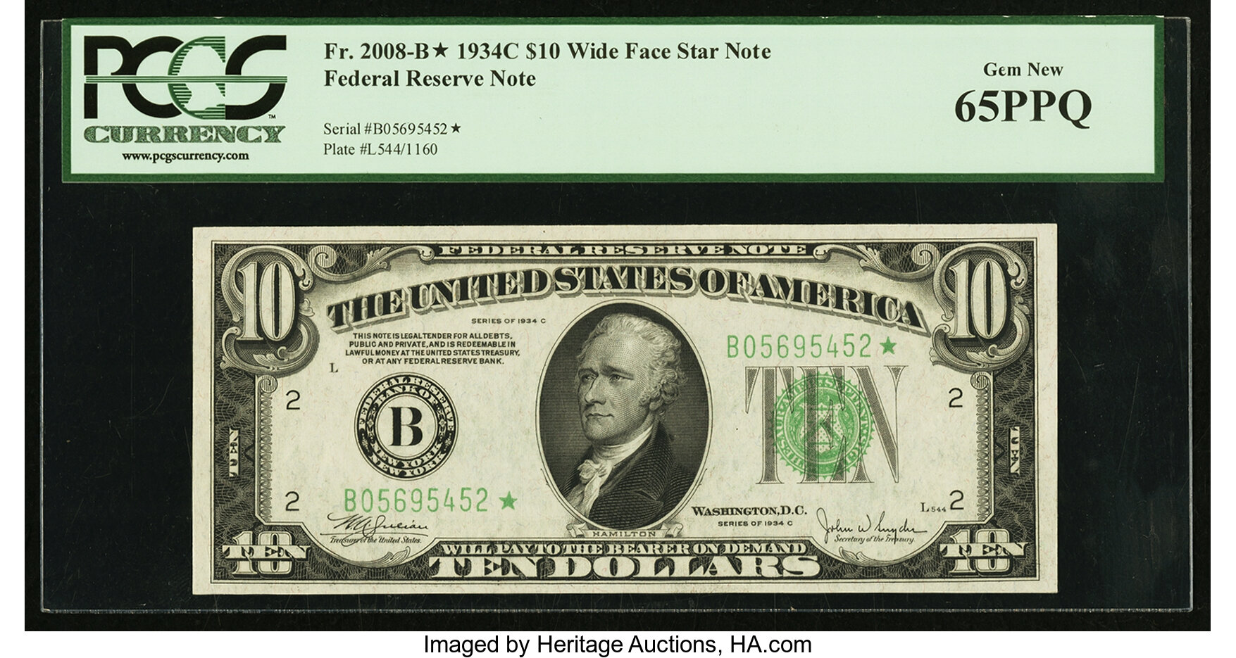 image for: Fr. 2008-B* $10 1934C Wide Federal Reserve Note. PCGS Gem New 65PPQ....