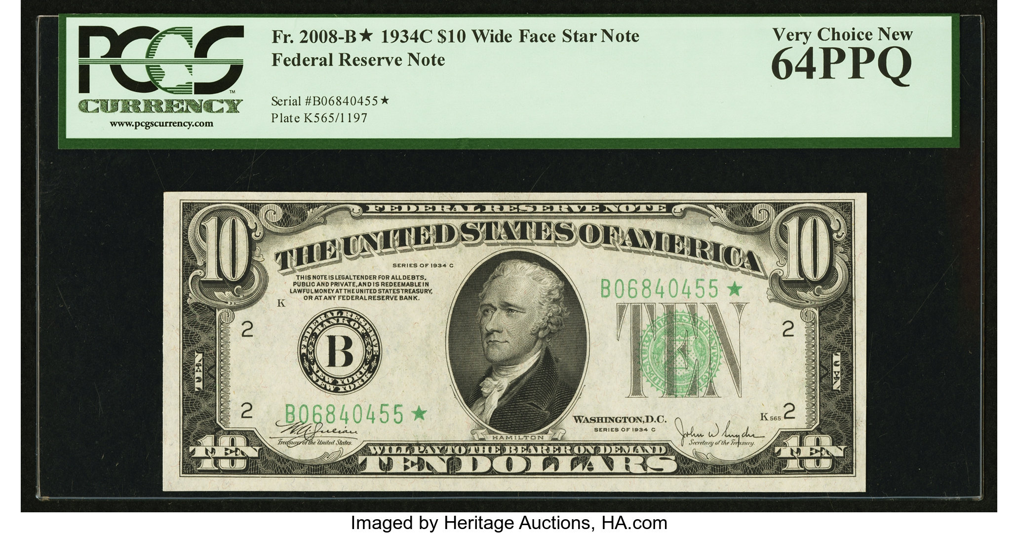 image for: Fr. 2008-B* $10 Wide 1934C Federal Reserve Note. PCGS Very Choice New 64PPQ....