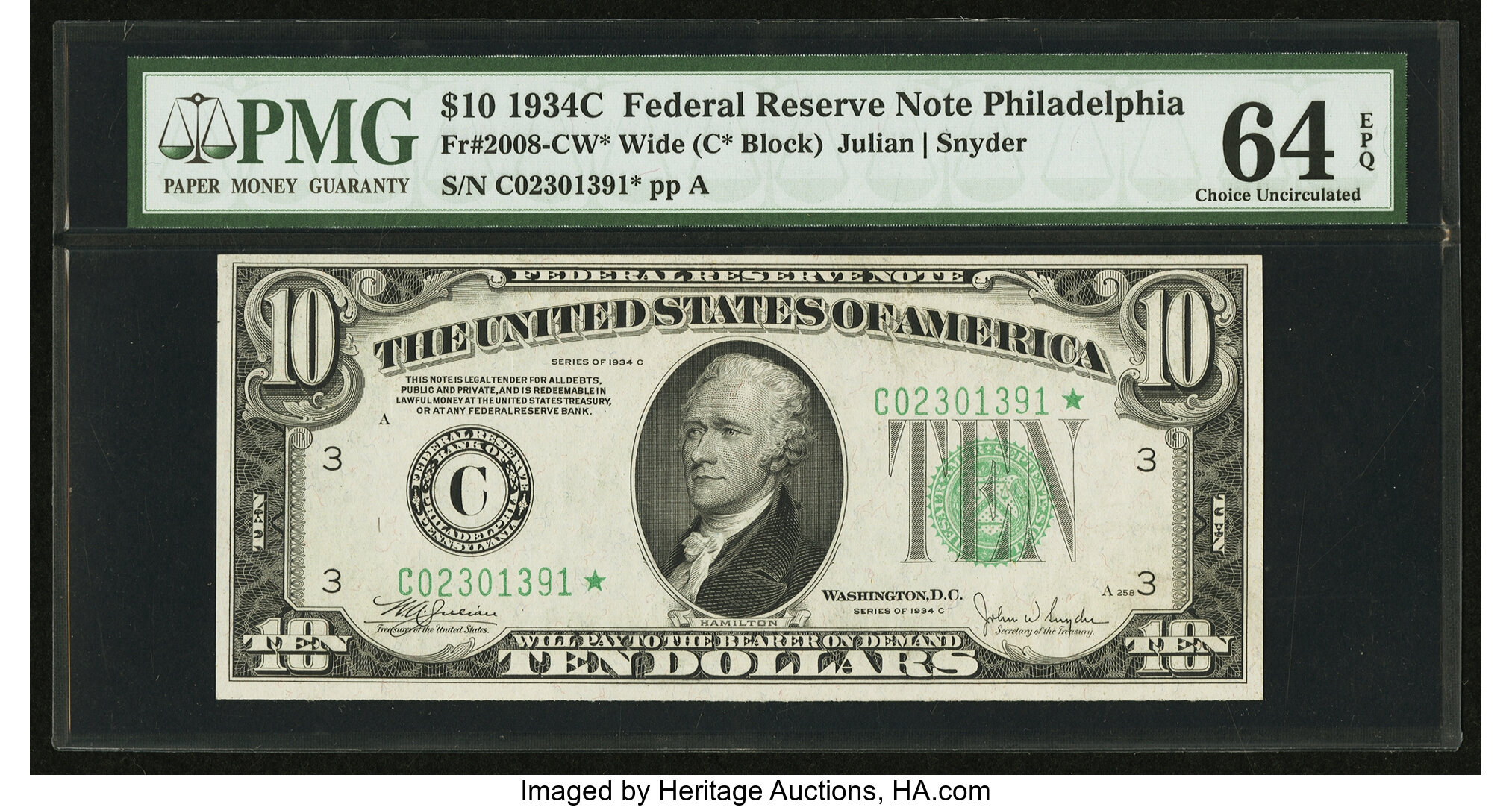 image for: Fr. 2008-C* $10 1934C Wide Federal Reserve Note. PMG Choice Uncirculated 64 EPQ....