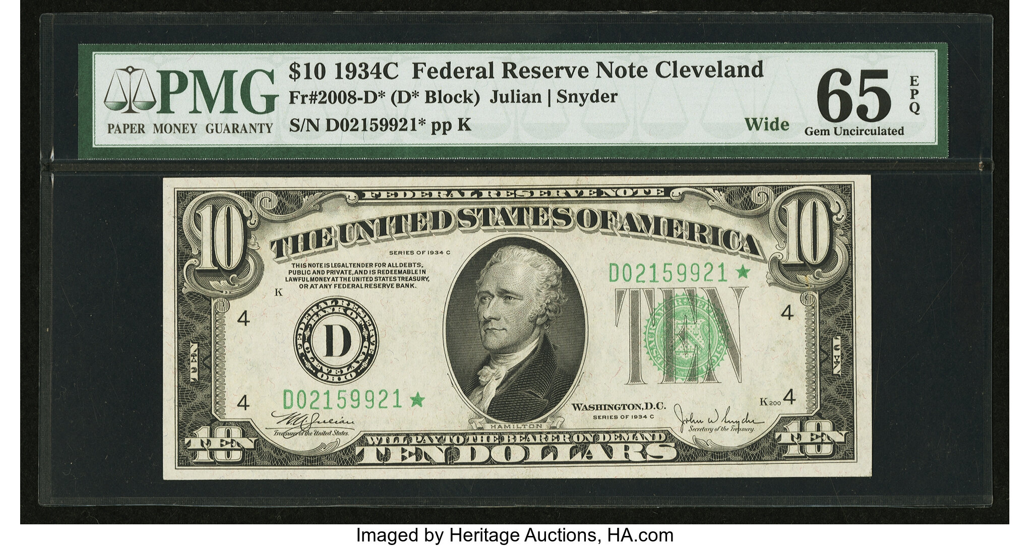 image for: Fr. 2008-D* $10 1934C Wide Federal Reserve Note. PMG Gem Uncirculated 65 EPQ....