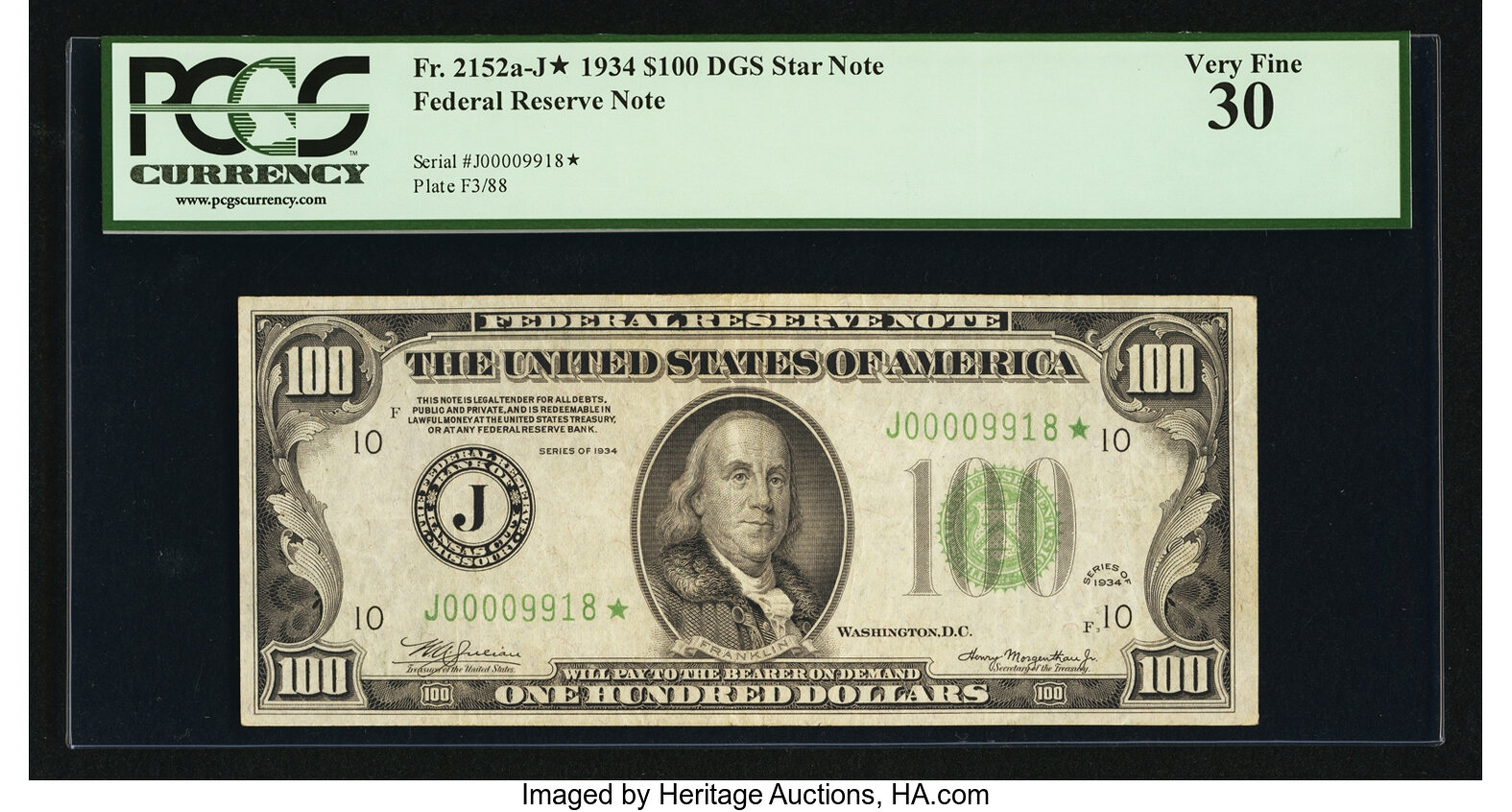 image for: Fr. 2152-J* $100 1934 Dark Green Seal Federal Reserve Note. PCGS Very Fine 30....