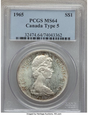image for: Elizabeth II "Type 5" Dollar 1965 MS64 PCGS