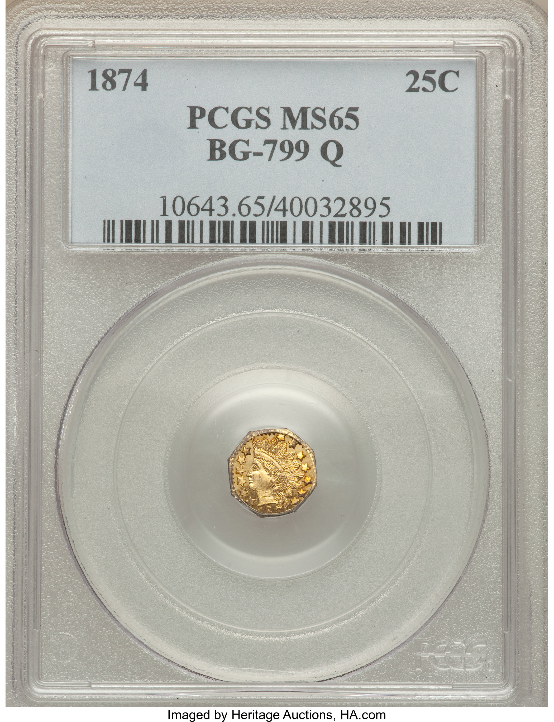 image for: 1874 25C Indian Octagonal 25 Cents, BG-799Q, High R.5, MS65 PCGS. PCGS Population (8/1). NGC Census: (0/0).  ...