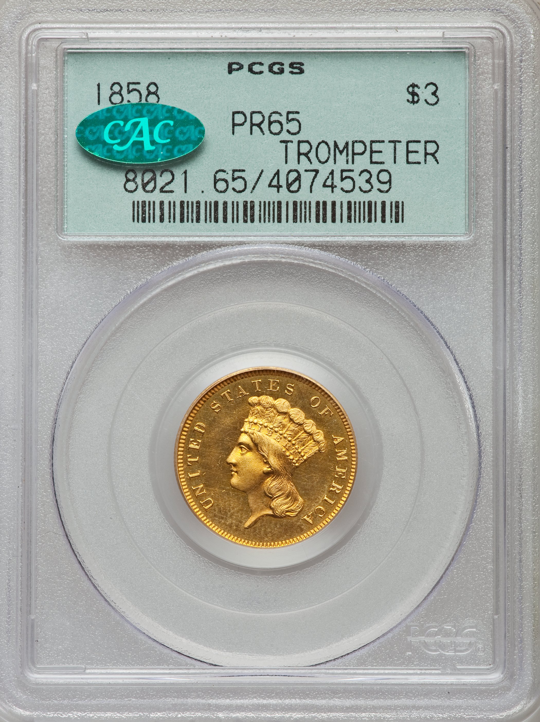 image for: 1858 $3 PR65 PCGS. CAC....