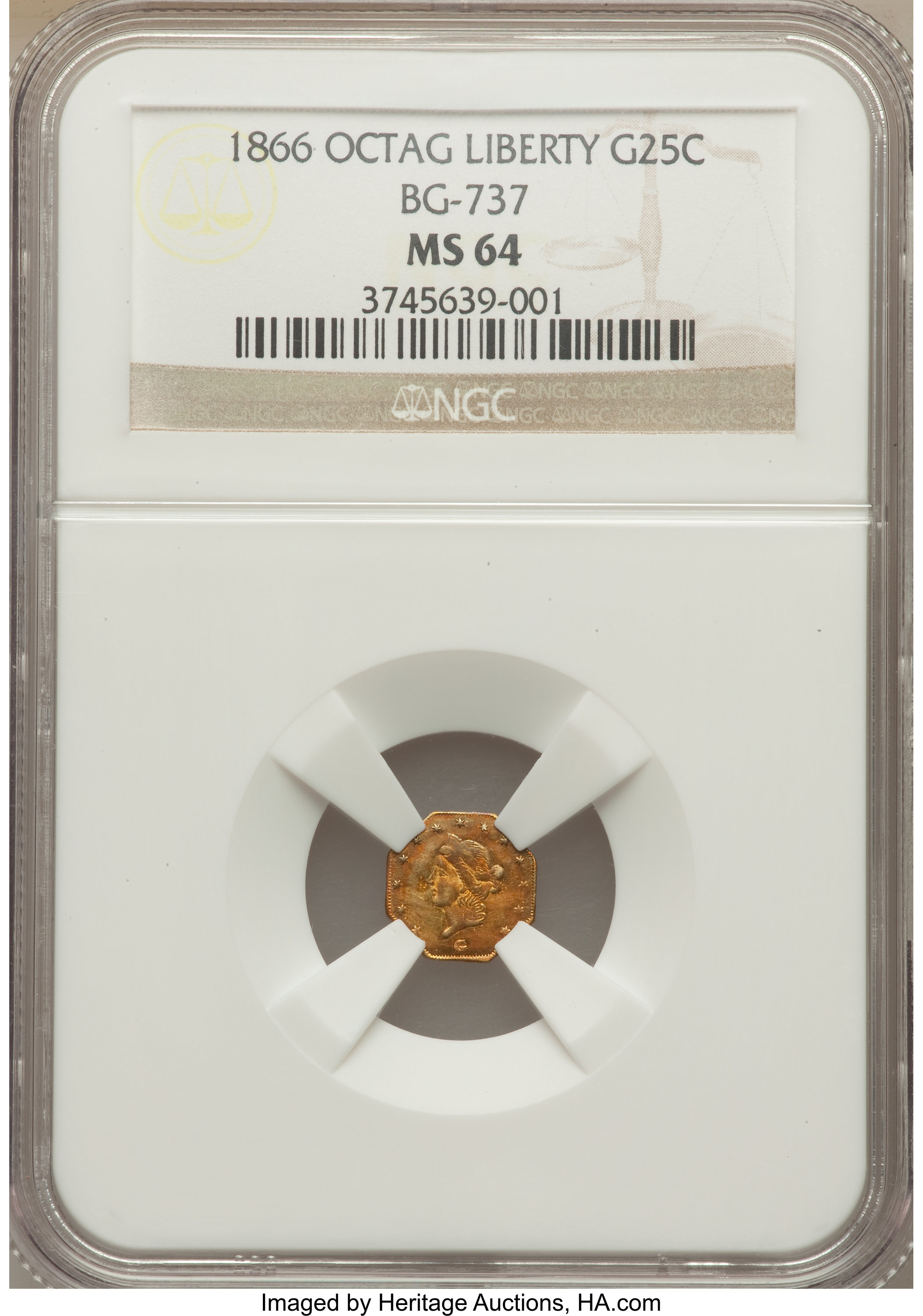 image for: 1866 25C Liberty Octagonal 25 Cents, BG-737, R.5, MS64 NGC....