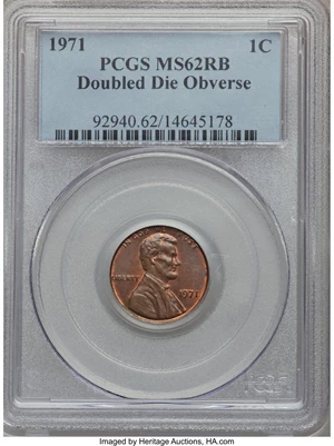 image for: 1971 1C Doubled Die Obverse MS62 Red and Brown PCGS. PCGS Population (8/12). NGC Census: (0/0)....