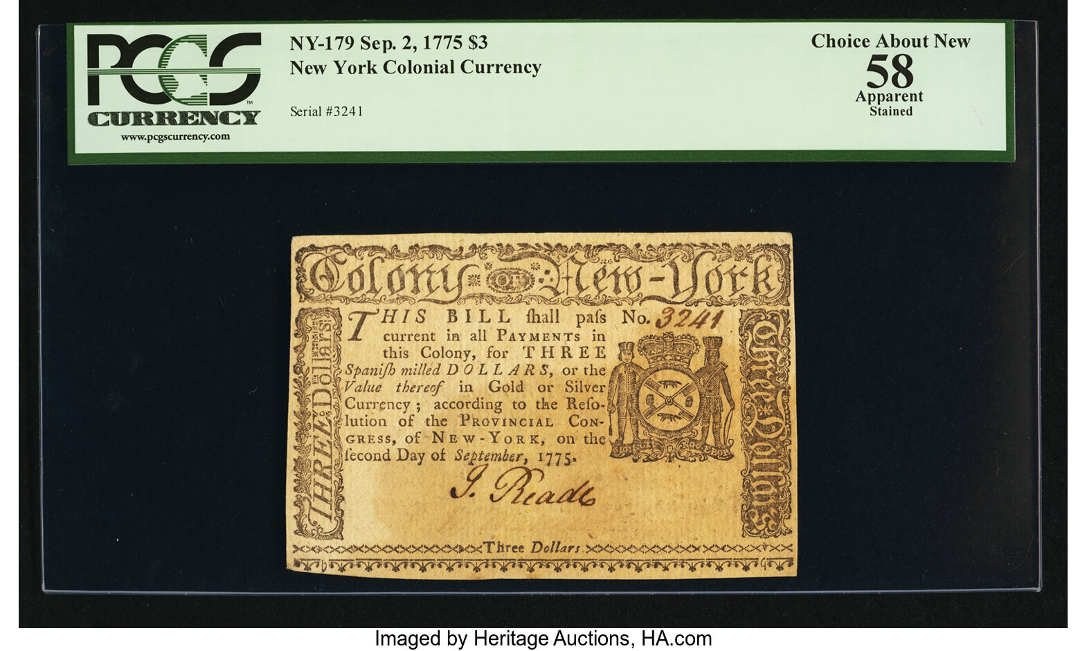 image for: New York September 2, 1775 $3 PCGS Apparent Choice About New 58....