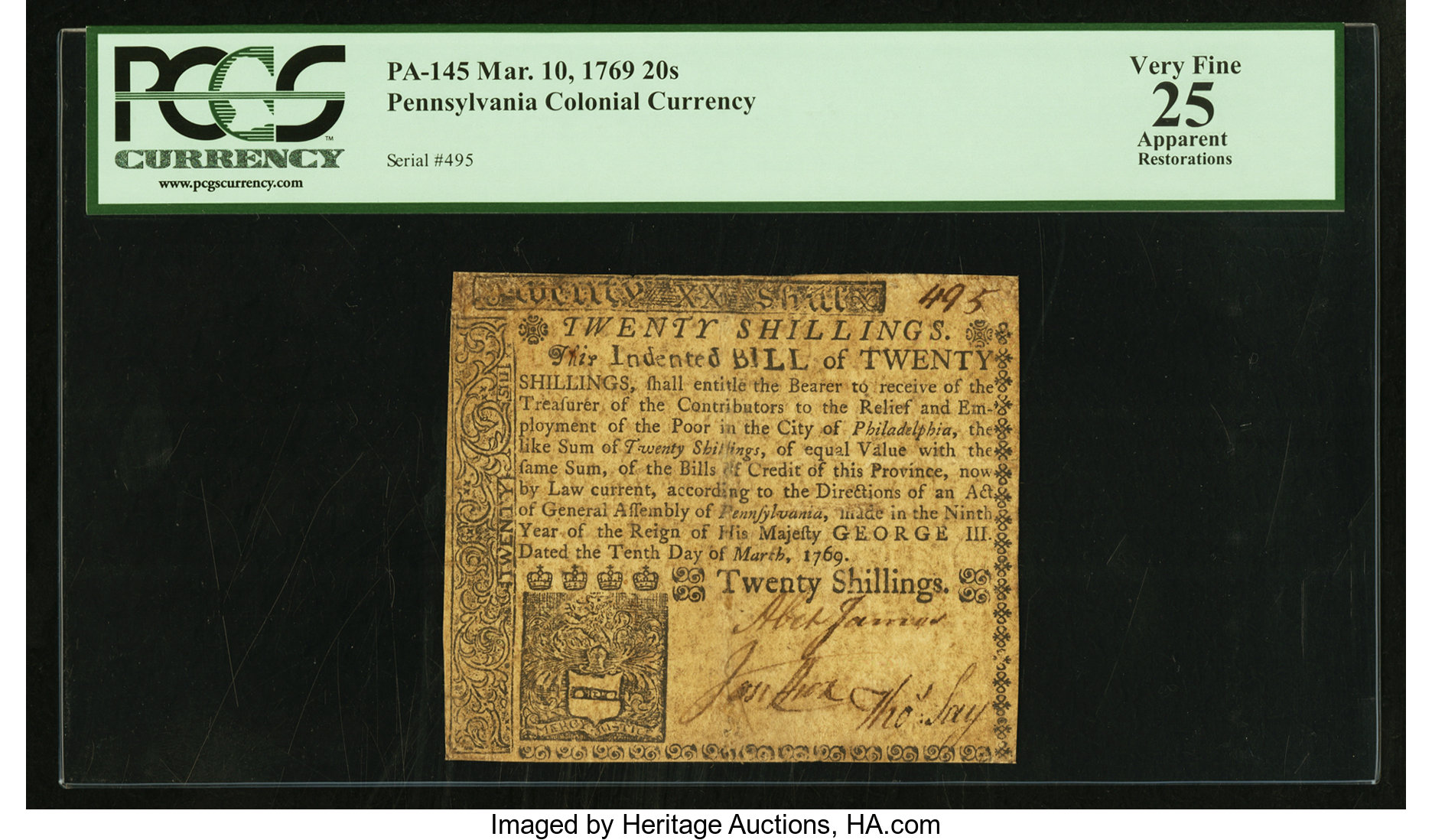 image for: Pennsylvania March 10, 1769 20s PCGS Apparent Very Fine 25....