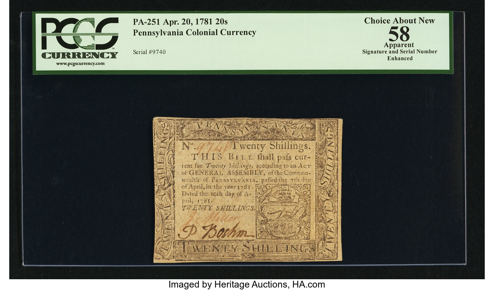 image for: Pennsylvania April 20, 1781 20s PCGS Apparent Choice About New 58....