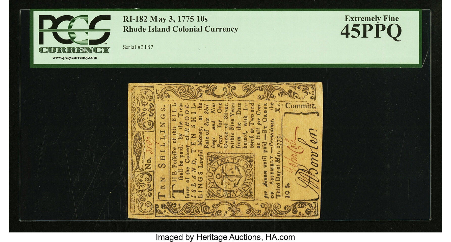 image for: Rhode Island May 3, 1775 10s PCGS Extremely Fine 45PPQ....