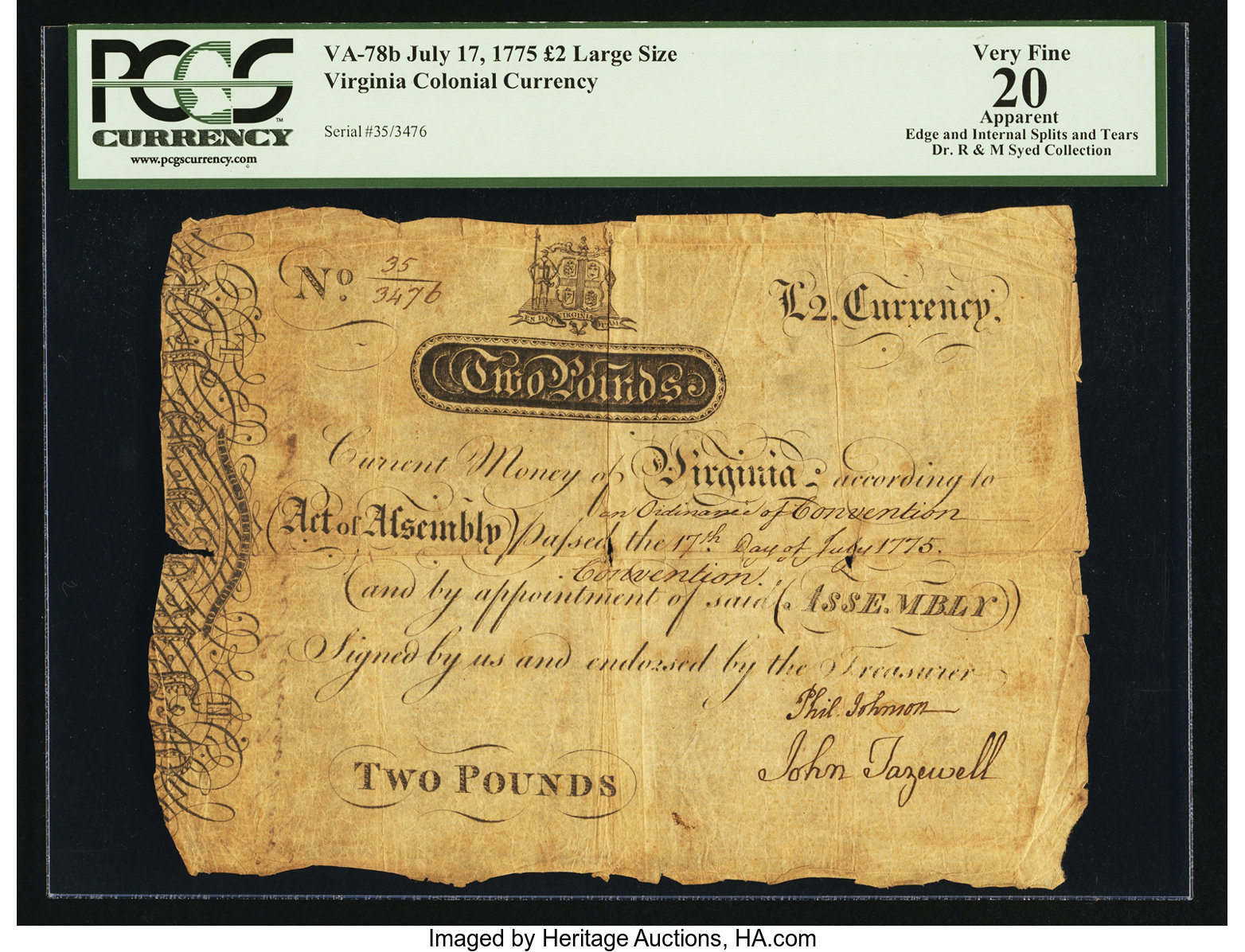 image for: Virginia July 17, 1775 £2 PCGS Apparent Very Fine 20....