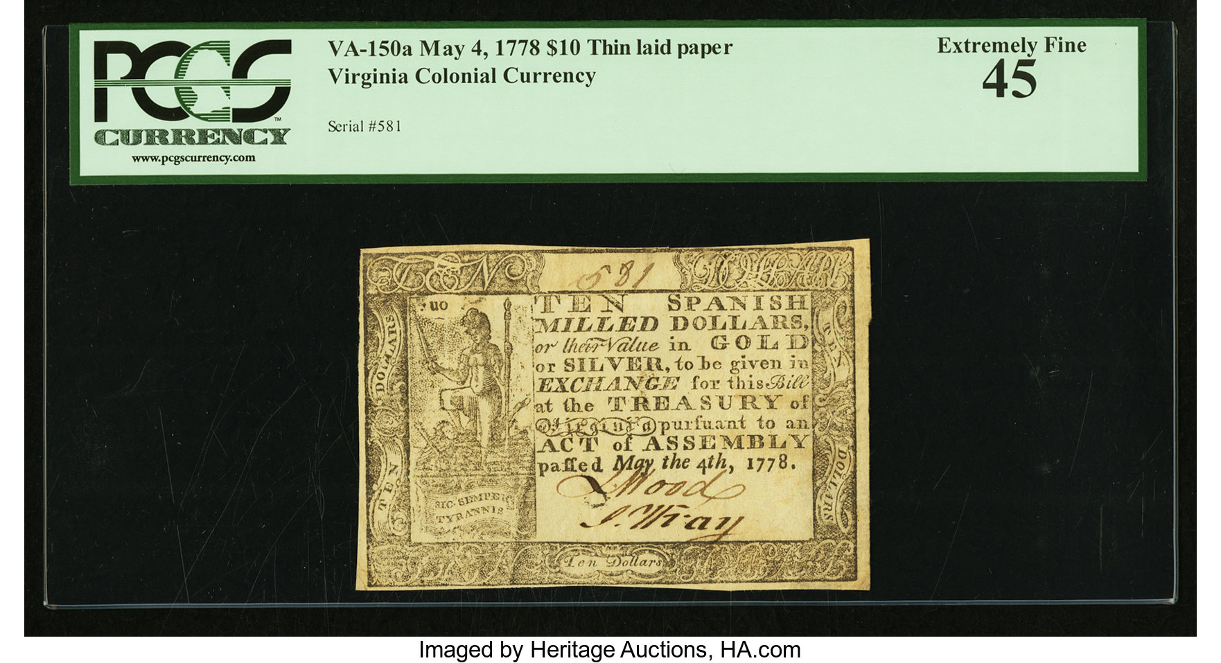 image for: Virginia May 4, 1778 (Dates Printed) $10 PCGS Extremely Fine 45....