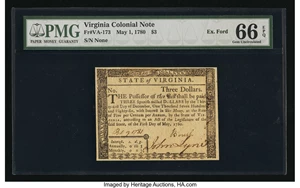 image for: Virginia May 1, 1780 $3 PMG Gem Uncirculated 66 EPQ....