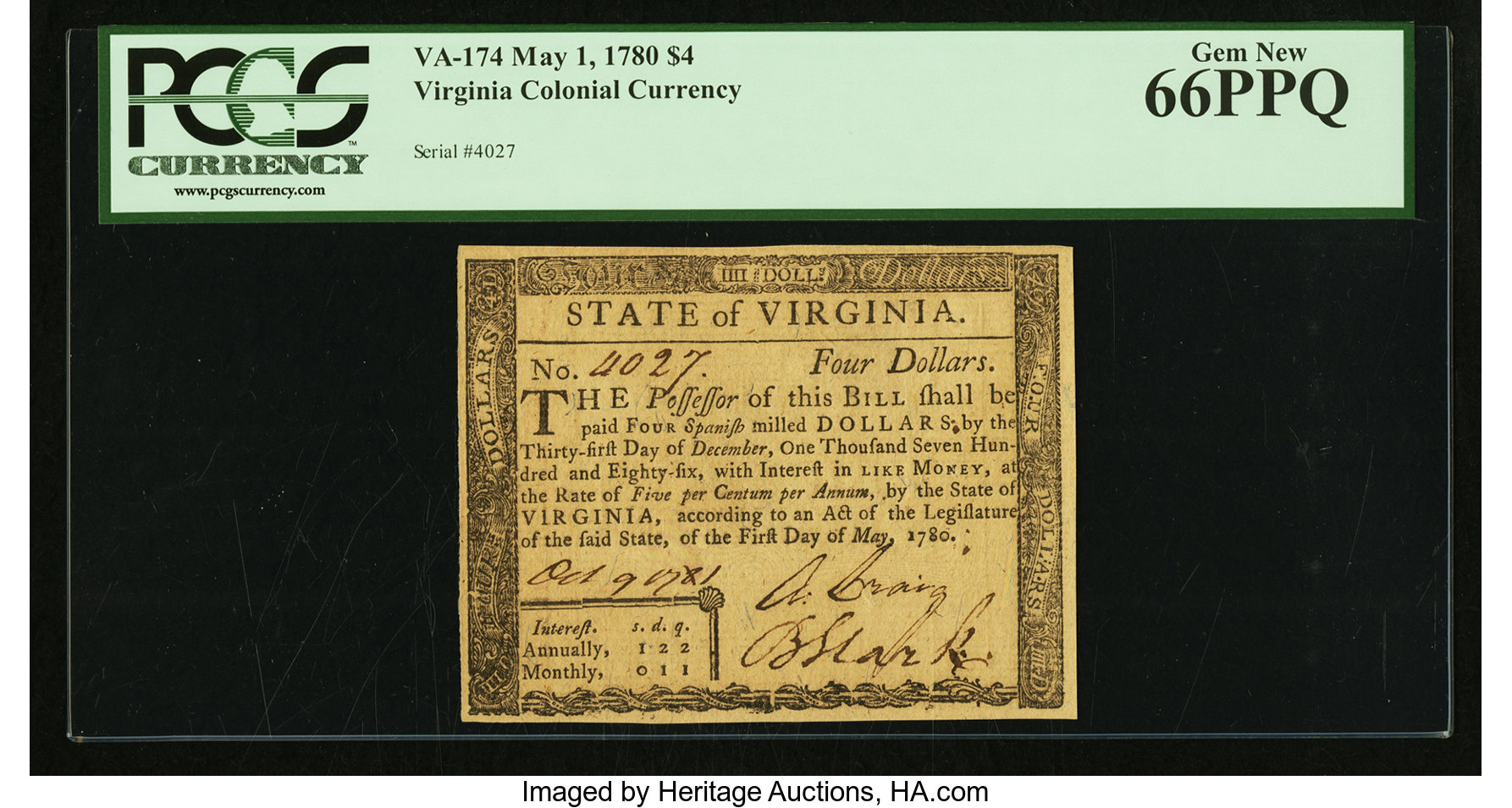 image for: Virginia May 1, 1780 $4 PCGS Gem New 66PPQ....