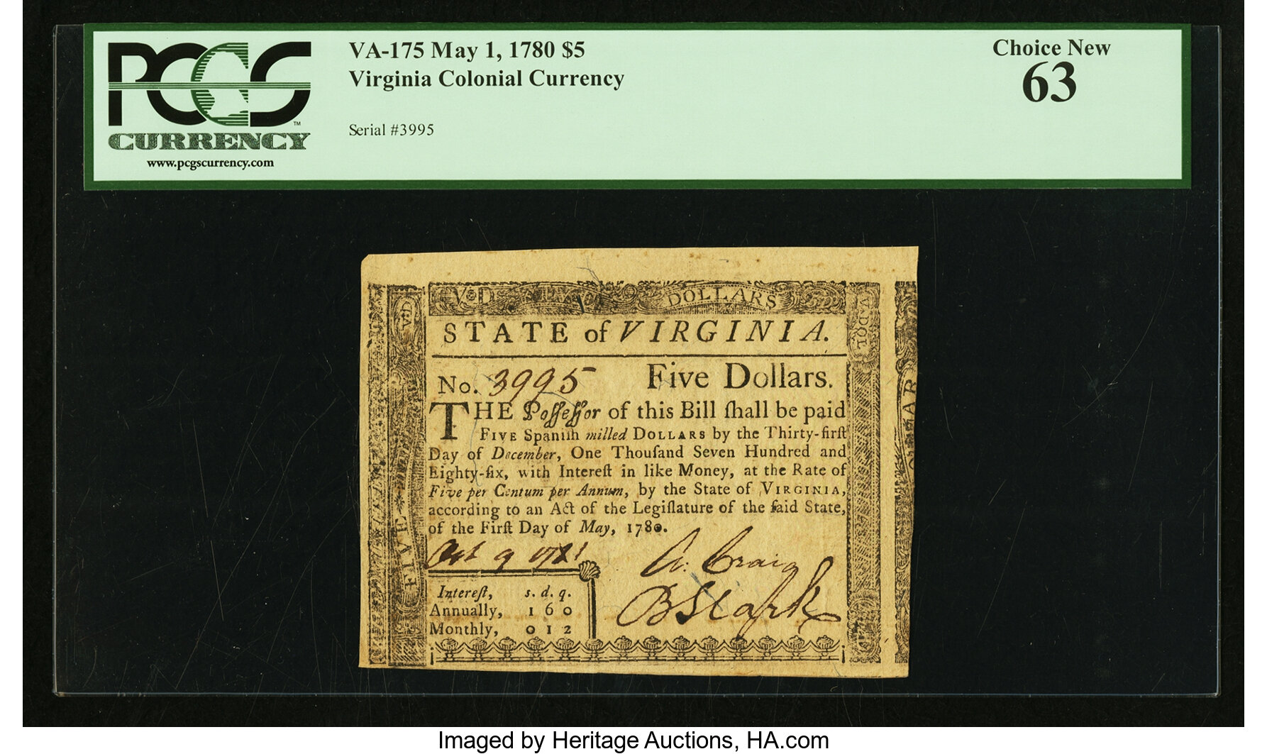 image for: Virginia May 1, 1780 $5 PCGS Choice New 63....
