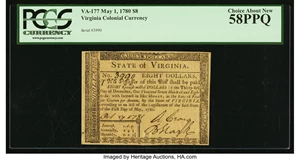 image for: Virginia May 1, 1780 $8 PCGS Choice About New 58PPQ....