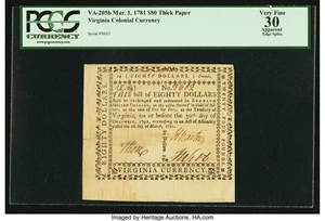 image for: Virginia March 1, 1781 $80 printed on thick laid paper PCGS Apparent Very Fine 30....