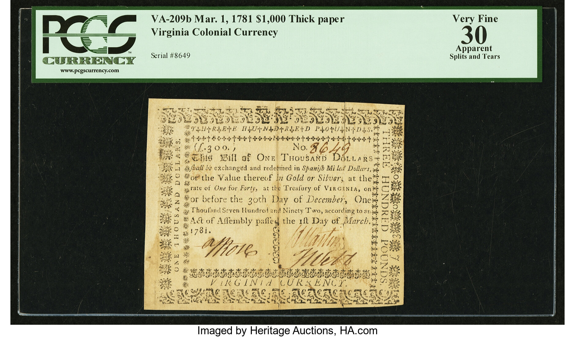 image for: Virginia March 1, 1781 $1,000 printed on thick laid paper PCGS Apparent Very Fine 30....