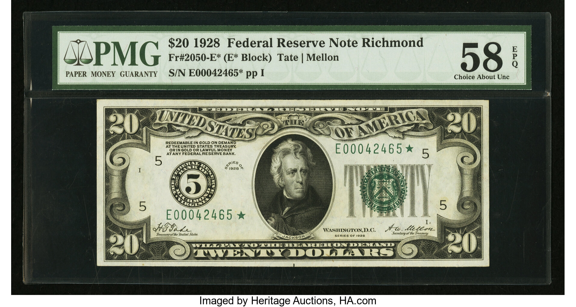 image for: Fr. 2050-E* $20 1928 Federal Reserve Note. PMG Choice About Uncirculated 58 EPQ....