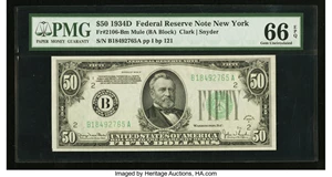 image for: Fr. 2106-B $50 1934D Mule Federal Reserve Note. PMG Gem Uncirculated 66 EPQ....