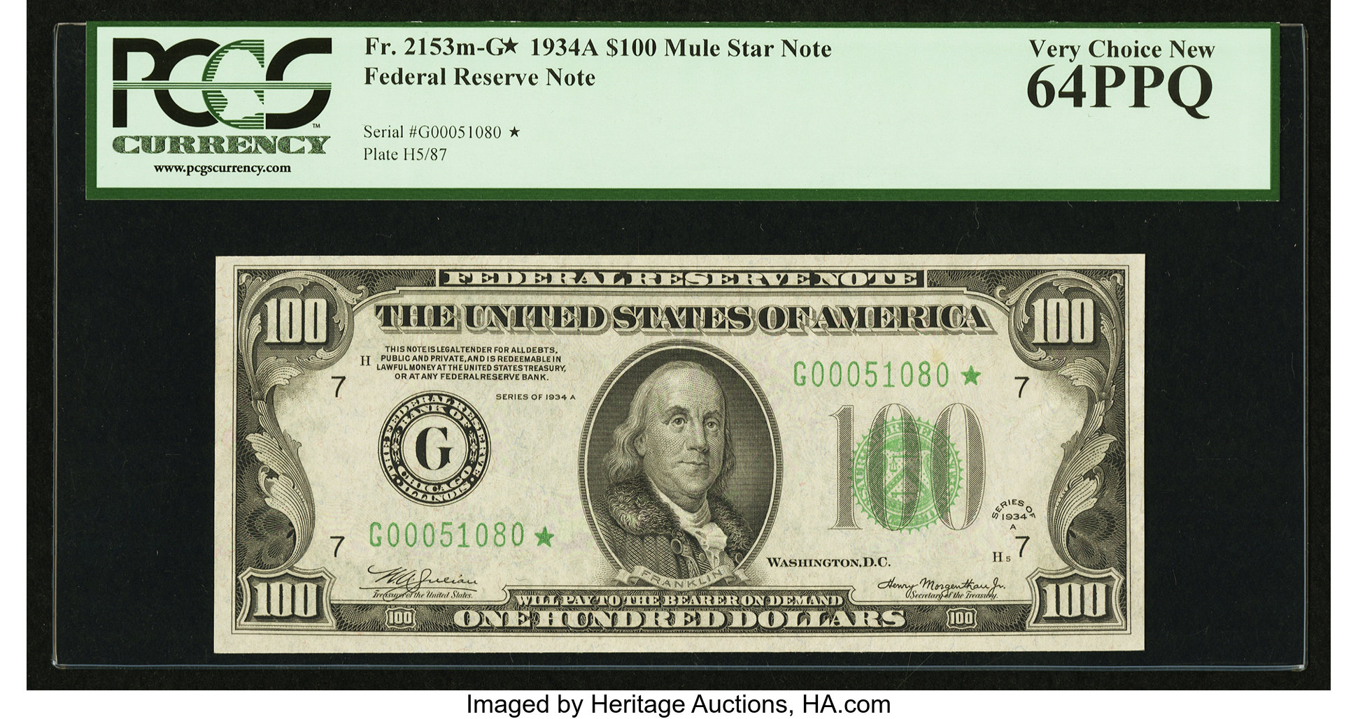 image for: Fr. 2153-G* $100 1934A Mule Federal Reserve Note. PCGS Very Choice New 64PPQ....